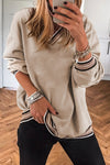 Women's Stylish Parchment Varsity V-Neck Sweatshirt with Contrast Striped Trim - Comfortable Casual Wear Top