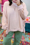 Plus Size Light Pink Waffle Knit Jumper for Women with Drop Shoulders and Side Slits - Chic and Comfy Style