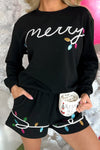 Women's Black Sequin Merry Graphic Pullover & Shorts Set - Festive Holiday Style, Comfortable Fit, Perfect for Parties
