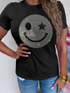 Sparkling Black Rhinestone Smile Face Sequin Graphic Tee