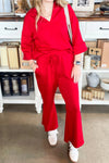 Women's Fiery Red 2-Piece Set: V-Neck Polo with 3/4 Sleeves & Drawstring Bell Bottom Pants for Effortless Style