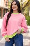 Trendy Women's Pink Colorblock Bubble Sleeve Sweatshirt - Cozy Casual Top for Effortless Everyday Style