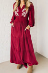 Elegant Women's Racing Red Maxi Dress with Contrast Embroidery, V-Neck, Long Sleeve, Perfect for Special Occasions