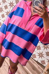 Casual Women's Pink Striped Color Block Mini Dress with 3/4 Sleeves and Zip Neck - Comfortable Loose Fit for Daily Style