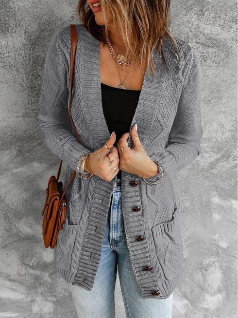 Cozy Dark Gray Knit Button-Up Cardigan with Front Pockets