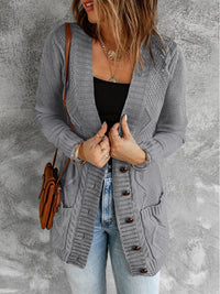 Cozy Dark Gray Knit Button-Up Cardigan with Front Pockets
