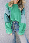Women's Stylish Green Colorblock Long Sleeve Top with Button Closure & Stitching Detail - Casual Chic for Everyday Wear
