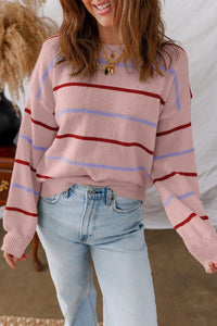 Cozy Pink Stripe Sweater for Women - Casual Knit Top with Effortless Style Perfect for Year-Round Wear