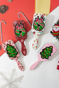 Pink Holiday Fashion Print Sequin Christmas Tree Patched Air Cushion Comb