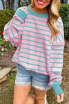 Cozy Women's Pink Striped Loose Sweater with Drop Shoulders & Round Neck - Effortless Casual Knit Top for Relaxed Style