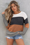 Cozy Women's Chestnut Color Block Knit O-Neck Pullover Sweater - Stylish Fall Essential for Effortless Outfits