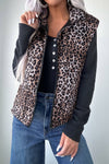 Women's Stylish Brown Leopard Print Quilted Puff Vest - Trendy Casual Layer for Fall & Winter Comfort