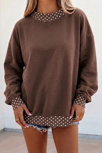 Trendy Women's Oversized Brown Colorblock Polka Dot Sweatshirt with Contrast Trim – Stylish & Comfy Casual Top