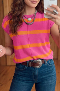 Women's Lightweight Short Sleeve Rose Stripe Knit Sweater - Casual Spring/Summer Style for Effortless Everyday Wear