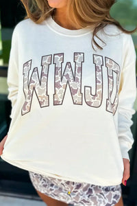 Women's Casual White Camo Long Sleeve Top with Inspirational WWJD Design - Trendy and Comfortable Fit