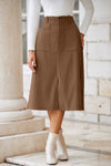 Women's High Waist Coffee Midi Skirt with Front Slit - Chic Everyday Style for Effortless Elegance and Comfort