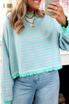 Cozy Oversized Green Stripe Sweatshirt for Women with Exposed Seams & Contrast Trim - Casual Chic Essential