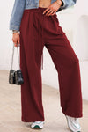Stylish Women's Burgundy High Waist Pleated Sweatpants with Tied Elastic - Comfortable Lounge Wear for Relaxed Days