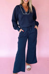 Women's Navy Blue Cropped Pants Set with Contrast Piping and Zipped Pullover - Stylish & Comfortable Fit