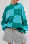 Cozy Oversized Green Checkered Sweater for Women with Side Slits and Drop Shoulders - Casual Chic Style