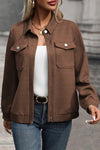 Stylish Women's Coffee Zip-Up Jacket with Button Flap Pockets & Collar – Casual Outerwear for Everyday Comfort