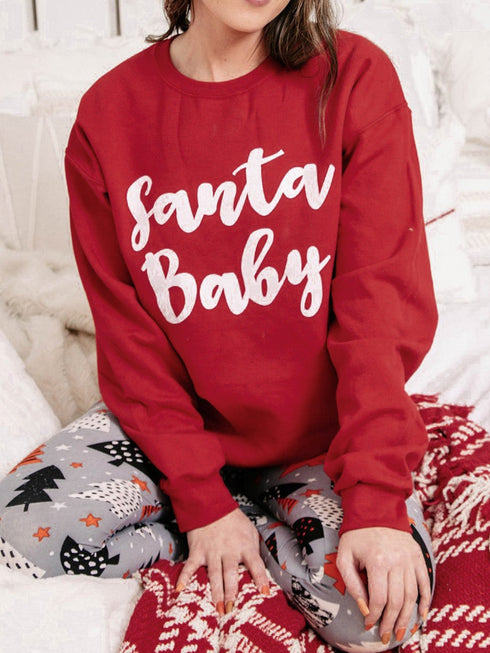 Santa Baby Red Letter Print Crew Neck Sweatshirt