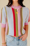 Trendy Women's Lightweight Multicolor Striped Short Sleeve Sweater - Stylish Pointelle Knit for Spring & Summer Wear
