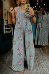 Effortless Chic Women's Beau Blue Floral Pleated High-Waist Wide-Leg Denim Jumpsuit for Stylish Comfort