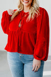 Chic Plus Size Fiery Red Velvet Peplum Blouse for Women with Tie Front Detail - Stylish and Flattering Fit