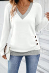 Women's White Color Block Long Sleeve V-Neck Top with Button Details - Stylish and Versatile Fashion Top