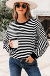 Chic Women's Black Stripe Drop Shoulder Pullover Top with Exposed Seams for Effortless Casual Style