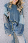Women's Dusk Blue Colorblock Long Sleeve Button-Up Top with Chic Stitching Details - Trendy Casual Wear Blouse