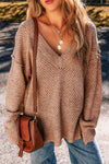 Cozy Casual Women's Dark Brown Loose-Fit Eyelet V-Neck Sweater with Drop Shoulders for Effortless Style