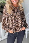 Chic Women's Khaki Leopard Print Blouse with Long Puff Sleeves & Tie-Front – Perfect for Trendy Everyday Style