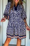 Women's Chic Blue Boho Mini Dress with Geometric Print & Contrast Trim - Perfect for Stylish Summer Outings