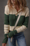 Women's Blackish Green Color Block Ribbed Knit Sweater with Shirt Collar - Slim Fit Stylish Top