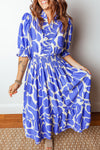 Women's Sky Blue Abstract Maxi Dress - Flowy Summer Style with Smocked Waist & Puff Half Sleeves for Effortless Elegance