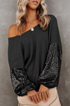 Trendy Women's Black Sequin Patchwork Waffle Knit Top with Open Back – Stylish Casual Wear for Every Occasion
