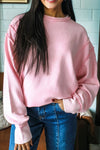 Stylish Women's Pink Long Sleeve Ribbed Top with Exposed Seams - Comfortable Everyday Essential for Trendy Outfits