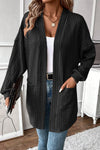 Chic Black Textured Knit Cardigan for Women with Side Pockets and Open Front – Stylish Layering Essential