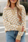 Cozy Women's Apricot Checkered V-Neck Sweater with Button Details & Drop Shoulder for Effortless Style