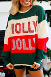 Festive Women's Green Sequined Crew Neck Sweater - HOLLY JOLLY Color Block Design for Style and Cozy Comfort