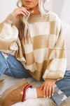 Cozy Women's Khaki Checkered Bishop Sleeve Sweater - Trendy Knit Top for Fall Fashion & Casual Outings