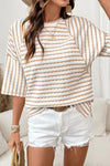 Women's Apricot Stripe Knit Top - Casual Half Sleeve, Split Hem, Loose Fit for Stylish Comfort