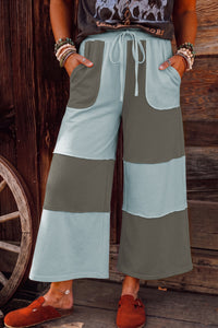 Trendy Women's Beau Blue Colorblock Wide Leg Ankle Pants with Stylish Raw Seam - Casual, Affordable Chic Fashion