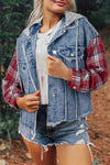 Women's Casual Beau Blue Plaid Denim Jacket with Hood and Raw Hem - Trendy Patchwork Style for Everyday Wear