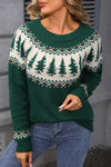 Women's Cozy Retro Blackish Green Geometric Christmas Tree Sweater - Perfect for Holiday Style and Festive Warmth