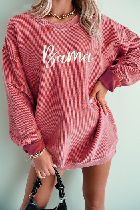 Women's Bama Embroidered Ribbed Corded Sweatshirt in Strawberry Pink