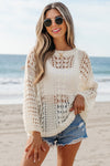 Women's White Hollow Out Knit Sweater with Bracelet Sleeves and Drop Shoulder - Stylish Casual Knitwear for Every Season