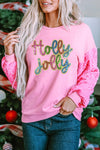 Festive Women's Pink Sequin Long Sleeve Top with Drop Shoulder and Patchwork Design – Perfect for Holiday Celebrations